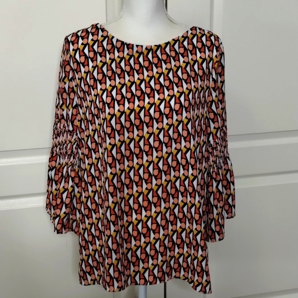 Como Blue Women's Large Geometric Print Ruffle Sleeve Blouse V-Back